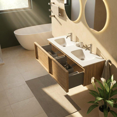Saniclass Holz Frame Ensemble de meubles de salle de bains - 140x45x41.5cm - lavabo Flow en solid surface blanc - 2 vasques - 2 trous de robinetterie - 2 tiroirs - chêne natural mat (bois)