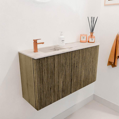 Mondiaz JOYA-DLUX 81.6cm toiletmeubel - ronding rechts kleur Dusk - Wastafel FAYE positie Links 1 kraangat kleur Nata.