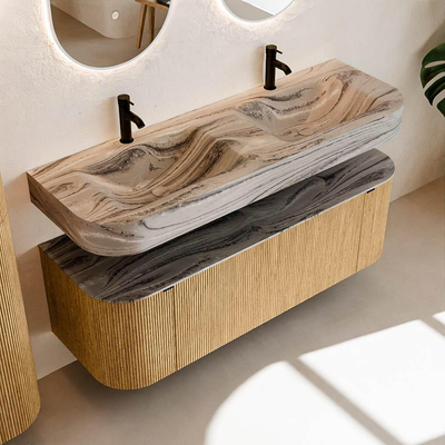 MONDIAZ THOR-DLUX 140cm badmeubel ronding links + rechts kleur Oak met 1 lade en 2 deuren. Vrijhangende wastafel CLOUD Dubbel 2 kraangaten kleur Sombra.