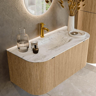 MONDIAZ KURVE-DLUX 100cm badmeubel met module 25 Len R kleur Oak met 1 lade en 2 deuren. Wastafel GRUNNE midden 1 kraangat kleur Glace.