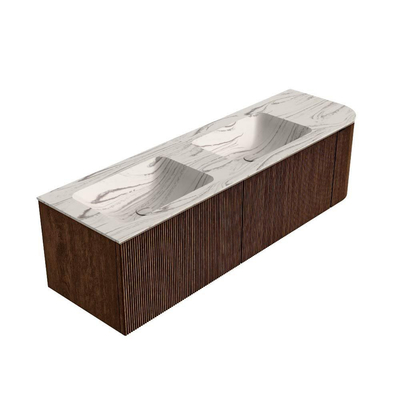 MONDIAZ KURVE-DLUX meuble de salle de bains 155cm arrondi Droite couleur Walnut avec 2 tiroirs et 1 porte. Lavabo LEAF Double / Gauche 2 trous de robinet Nata.