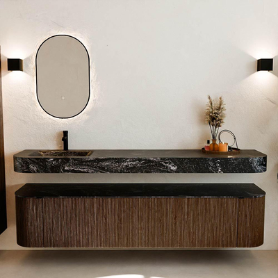 MONDIAZ THOR-DLUX 200cm meuble de salle de bains arrondi gauche + droite couleur Walnut avec 2 tiroirs et 2 portes. Vasque suspendue CLOUD Gauche 1 trou de robinet couleur Lava.