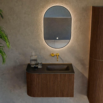 MONDIAZ KURVE 75cm badmeubel met module 25 L kleur Walnut met 1 lade en 1 deur. Wastafel GRUNNE rechts zonder kraangat Urban.