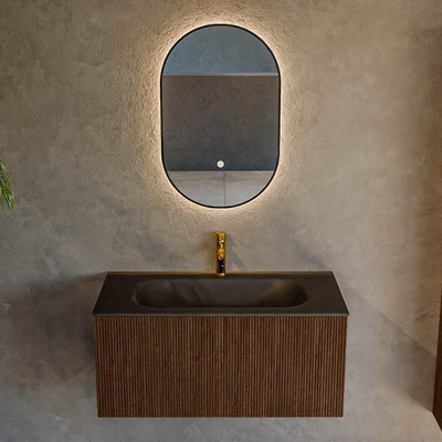 MONDIAZ KURVE 90cm badmeubel kleur Walnut met 1 lade. Wastafel BIG SMALL midden 1 kraangat Urban.