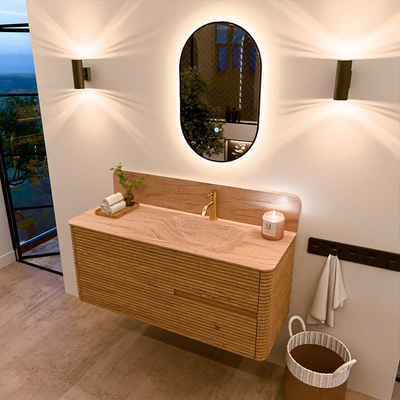 Mondiaz CIRO-DLUX Badkamermeubelset - 120x45x50cm - Solid surface wastafel Saba - 1 wasbak Rechts - 1 kraangat - 2 lades - Oak