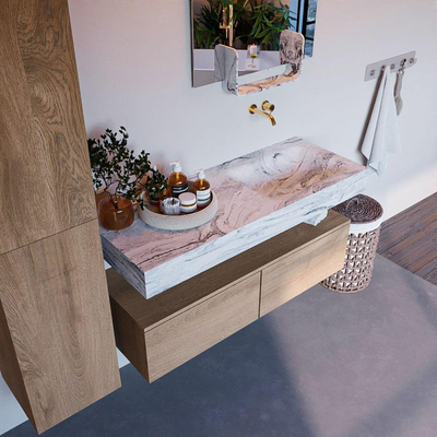 Mondiaz ALAN-DLUX Ensemble de meuble - 120cm - meuble Washed Oak mat - 2 tiroirs - Lavabo Cloud Glace suspendu - vasque Droite - 0 trous de robinet