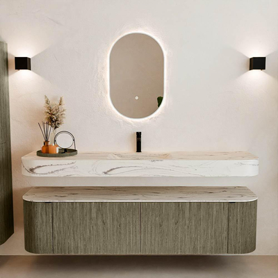 MONDIAZ THOR-DLUX 180cm meuble de salle de bains arrondi gauche + droite couleur Shadow avec 2 tiroirs et 2 portes. Vasque suspendue CLOUD Milieu 1 trou de robinet couleur Nata.