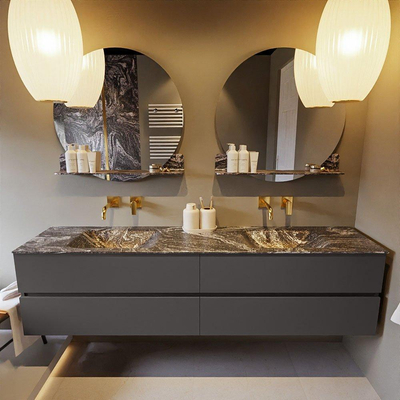 Mondiaz VICA-DLUX ensemble de meuble de salle de bain - 200cm - meuble sous-vasque gris foncé - 4 tiroirs - lavabo encastré cloud double - sans trous de robinet - miroir modèle spot - version XL 60cm de haut - lave