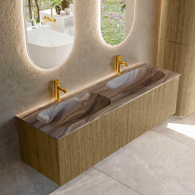 MONDIAZ KURVE-DLUX Meuble de salle de bains 150 cm couleur Dusk avec 2 tiroirs et 0 portes. Vasque STOR SMALL Double 2 trous de robinet Sombra.