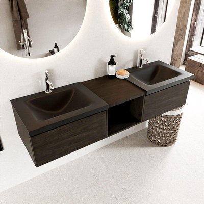 MONDIAZ BUKLA Meuble de salle de bains 160 cm avec module ouvert 40 couleur Dark Brown avec 2 tiroirs. Lavabo CLOUD double 2 trous de robinet couleur Urban.
