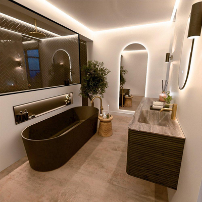 Mondiaz CIRO-DLUX Ensemble de meubles de salle de bains - 160x45x50cm - Plan vasque solid surface Oza - 1 lavabo à droite - 1 trou de robinet - 4 tiroirs - Shadow
