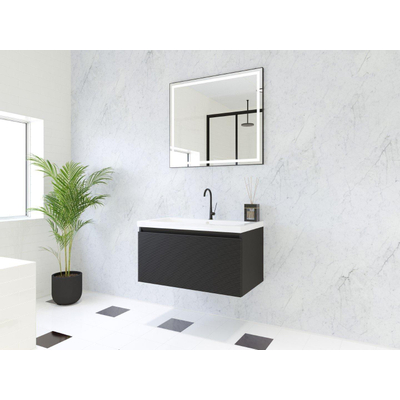 HR badmeubelen Matrix 3D Ensemble meuble de salle de bains 80cm 1 tiroir sans poignée avec profil de prise en couleur Noir mat avec lavabo Djazz 1 trou de robinet blanc