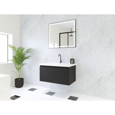 HR Matrix ensemble meuble de salle de bain 3d 80cm 1 tiroir sans poignée avec bandeau couleur noir mat avec vasque djazz 1 trou pour robinet blanc