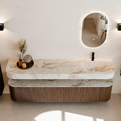 MONDIAZ THOR-DLUX 200cm meuble de salle de bains arrondi gauche + droite couleur Walnut avec 2 tiroirs et 2 portes. Vasque suspendue CLOUD Droite 1 trou de robinet couleur Frappe.