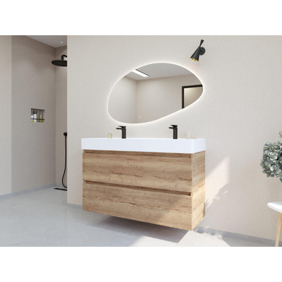 HR badmeubelen Infinity XXL 3D Ensemble meuble de salle de bains - 120 cm - 1 lavabo en céramique kube blanc - 2 trous de robinet - 2 tiroirs - chêne français