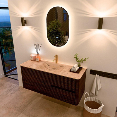 Mondiaz CIRO-DLUX Ensemble de meubles de salle de bains - 120x45x50cm - Vasque solid surface Arena - 1 lavabo au milieu - 1 perçage pour robinet - 2 tiroirs - Noyer