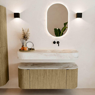 MONDIAZ THOR-DLUX 120cm meuble de salle de bains arrondi gauche + droite couleur Dusk avec 1 tiroir et 2 portes. Vasque suspendue CLOUD droite sans trou de robinet couleur Frappe.