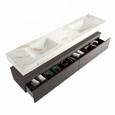 Mondiaz ALAN-DLUX Ensemble de meuble - 200cm - meuble Dark grey mat - 2 tiroirs - Lavabo Cloud Frappe suspendu - vasque Gauche et droite - 2 trous de robinet