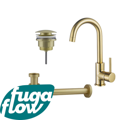 FugaFlow Eccelente Sobrado Badkamer Wastafelkraanset - hoge wastafelkraan - draaibare uitloop - klikwaste plug - verlaagde design sifon - PVD Geborsteld Messing