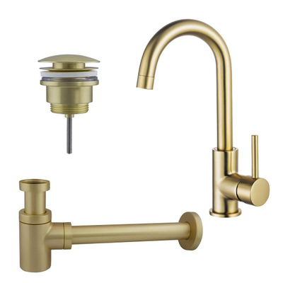 FortiFura Calvi Kit robinet lavabo - robinet haut - bec rotatif - bonde clic clac - siphon design bas - Laiton brossé PVD