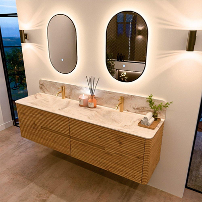 Mondiaz CIRO-DLUX Badkamermeubelset - 180x45x50cm - Solid surface wastafel Frappe - 2 wasbak Dubbel - 2 kraangaten - 4 lades - Oak