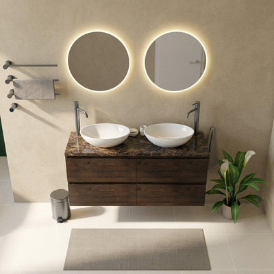 Saniclass Holz Pure Ensemble meuble de salle de bains - 140x45x63cm - Plan de travail en pierre naturelle Noche dark emperador - 2 trous de robinetterie - 4 tiroirs - chêne charcoal mat (bois)