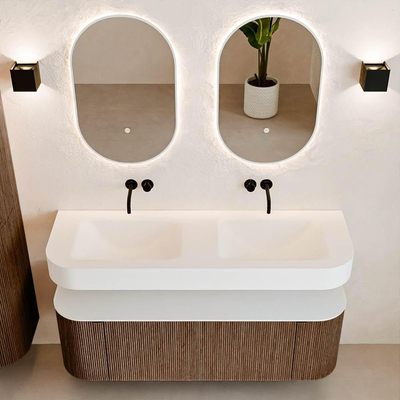 MONDIAZ THOR 140cm meuble de salle de bains arrondi gauche + droite couleur Walnut avec 1 tiroir et 2 portes. Vasque suspendue CLOUD Double sans trou de robinet couleur Talc.