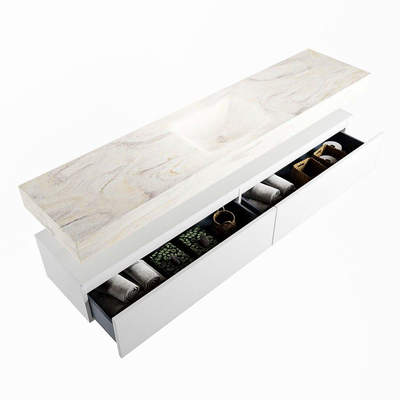 Mondiaz ALAN-DLUX Ensemble de meuble - 200cm - meuble Talc mat - 2 tiroirs - Lavabo Cloud Ostra suspendu - vasque Centre - 0 trous de robinet