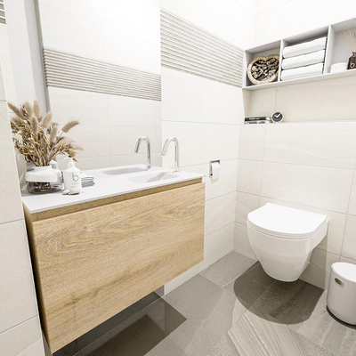 MONDIAZ OLAN Kit lave-mains - 80x30x40cm - 1 trou de robinet - 1 tiroir - chêne blanchi mat - lavabo à droite - Solid Surface Blanc