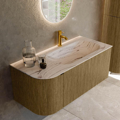 MONDIAZ KURVE-DLUX 105cm badmeubel ronding Links kleur Dusk met 1 lade en 1 deur. Wastafel BIG SMALL Rechts 1 kraangat Nata.