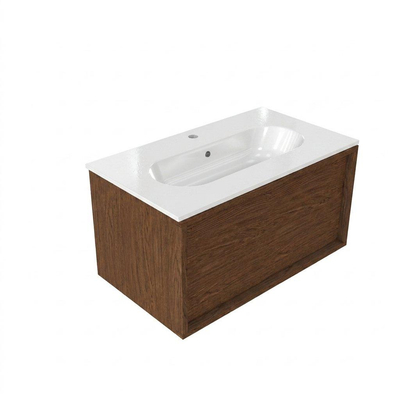 Saniclass Holz Frame Ensemble de meubles de salle de bains - 80x45x53.9cm - Lavabo Chaci en céramique blanc - 1 vasque - 1 trou de robinetterie - 1 tiroir - walnut pure mat (bois)