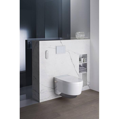 Geberit Aquaclean Mera Comfort WC japonais avec aspirateur d'odeurs, air chaude et Ladydouche abattant softclose chrome brillant et couvercle blanc brillant