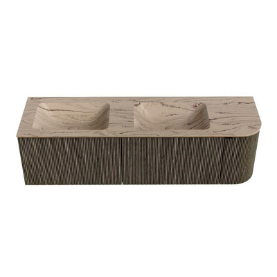 MONDIAZ KURVE-DLUX meuble de salle de bains 155cm arrondi à droite couleur Shadow avec 2 tiroirs et 1 porte. Lavabo LEAF double / gauche sans trou de robinet Arena.
