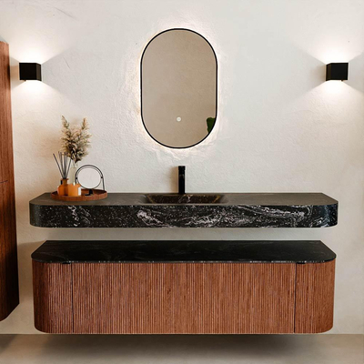 MONDIAZ THOR-DLUX Meuble de salle de bains - 170cm - arrondi gauche + droite - couleur Ruby - 1 tiroir et 2 portes - Vasque suspendue CLOUD Milieu 1 trou de robinet - couleur Lava