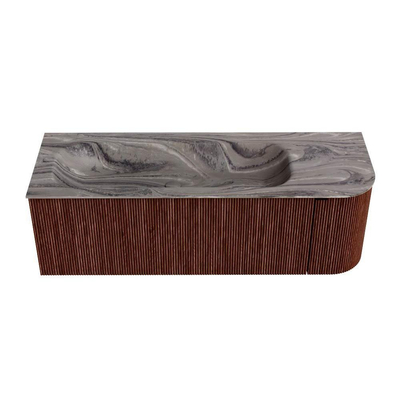 MONDIAZ KURVE-DLUX Meuble de salle de bains 135cm arrondi à droite couleur Ruby avec 1 tiroir et 1 porte. Lavabo BIG MEDIUM à gauche sans trou de robinet Sombra.