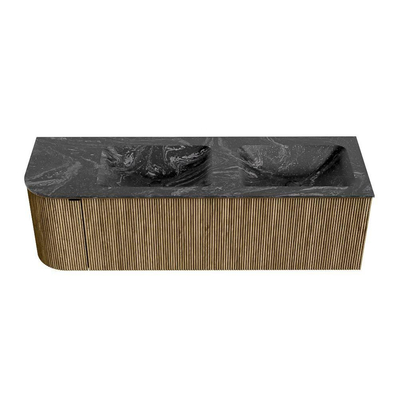 Mondiaz KURVE-DLUX Ensemble de meuble de salle de bains - 145x46x40cm - 1 tiroir - 1 porte - vasque solid surface - double / droite - sans trou de robinet - Dusk