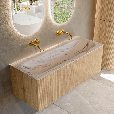MONDIAZ KURVE-DLUX 120cm badmeubel kleur Oak met 1 lade en 0 deuren. Wastafel BIG LARGE Midden zonder kraangat Nata.