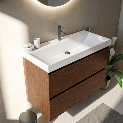 Saniclass Holz Pure Ensemble de meubles de salle de bains - 100x45x67.5cm - lavabo Wave en céramique - 1 vasque - 1 trou de robinetterie - 2 tiroirs - walnut pure mat (bois)