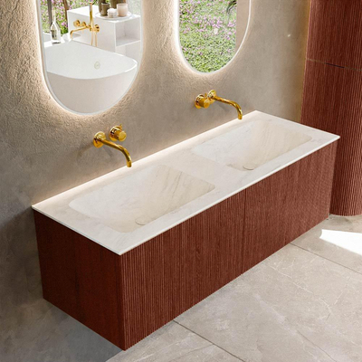 Mondiaz KURVE-DLUX Ensemble de meuble salle de bain - 130x46x40cm - 2 tiroirs - lavabo en solid surface - double - sans trou de robinet - Ruby