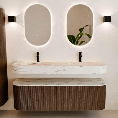 MONDIAZ THOR-DLUX 150cm meuble de salle de bains arrondi gauche + droite couleur Walnut avec 1 tiroir et 2 portes. Vasque suspendue CLOUD Double 2 trous de robinet couleur Nata.