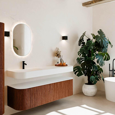 MONDIAZ THOR 160cm meuble de salle de bains arrondi gauche + droite couleur Ruby avec 1 tiroir et 2 portes. Vasque suspendue CLOUD gauche 1 trou de robinet couleur Talc.