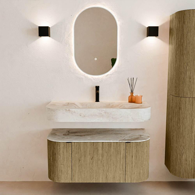 MONDIAZ THOR-DLUX 100cm meuble de salle de bains arrondi gauche + droite couleur Dusk avec 1 tiroir et 2 portes. Vasque suspendue CLOUD Milieu 1 trou de robinet couleur Frappe.