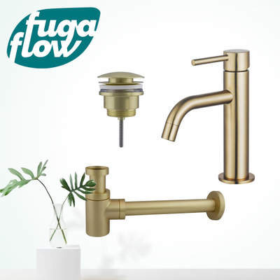 FugaFlow Eccelente Sobrado Badkamer Slim Wastafelkraanset - lage wastafelkraan - klikwaste plug - verlaagde design sifon - PVD Geborsteld Messing