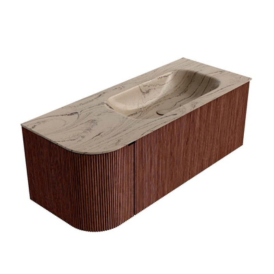 MONDIAZ KURVE-DLUX Meuble de salle de bains 115cm arrondi à gauche couleur Ruby avec 1 tiroir et 1 porte. Lavabo BIG SMALL à droite 1 trou de robinet Arena.