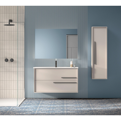 Saniclass Prime Essential Ensemble meuble de salle de bains - 100x55x46cm - 1 vasque rectangulaire blanche - 1 trou de robinet - 2 tiroirs - miroir rectangulaire - mat cotton (beige)