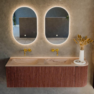 MONDIAZ KURVE-DLUX meuble de salle de bains 145cm arrondi droit couleur Ruby avec 1 tiroir et 1 porte. Vasque LEAF Double / Gauche sans trou de robinet Arena.