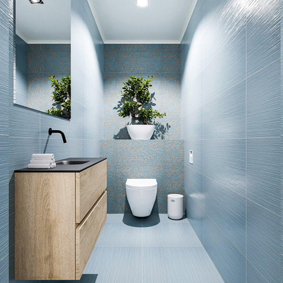 MONDIAZ ADA Toiletmeubel - 80x30x50cm - 0 kraangaten - 2 lades - washed oak mat - wasbak midden - Solid surface - Zwart