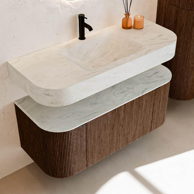 MONDIAZ THOR-DLUX 110cm badmeubel ronding links + rechts kleur Walnut met 1 lade en 2 deuren. Vrijhangende wastafel CLOUD Midden 1 kraangat kleur Opalo.