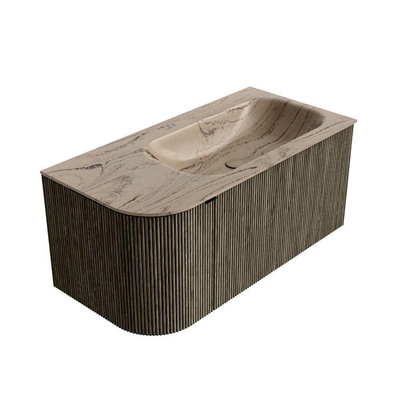 MONDIAZ KURVE-DLUX Meuble de salle de bains 95cm arrondi à gauche couleur Shadow avec 1 tiroir et 1 porte. Lavabo BIG SMALL à droite 1 trou de robinet Arena.