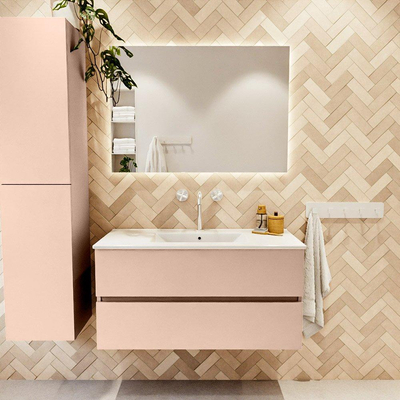 MONDIAZ VICA Ensemble meuble de salle de bains - 100cm - meuble bas rosee - 2 tiroirs - lavabo denia central - 1 trou de robinet - version haute 60cm - blanc brillant